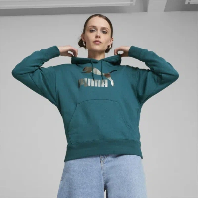 Puma Classics Shiny Logo Women's Hoodie In Cold Green