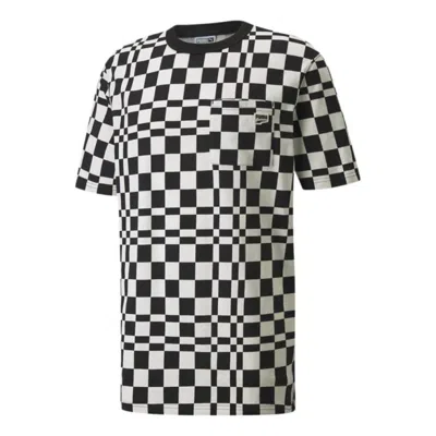 Puma Contrasting Colors Sports Plaid Round Neck Short Sleeve Black