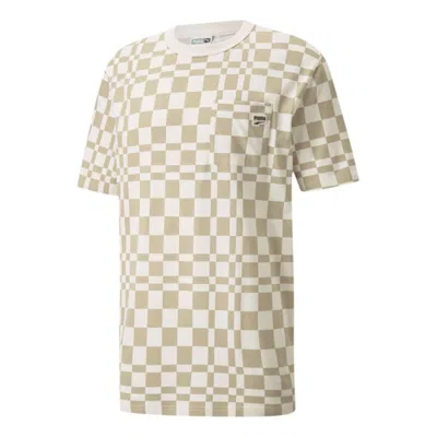 Puma Contrasting Colors Sports Plaid Round Neck Short Sleeve Khaki In Neutral