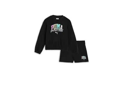 Puma Crew Neck Pullover Shorts Set (big Kid) Girl's Sweatshirt Black: Md (8-10 Big Kid)