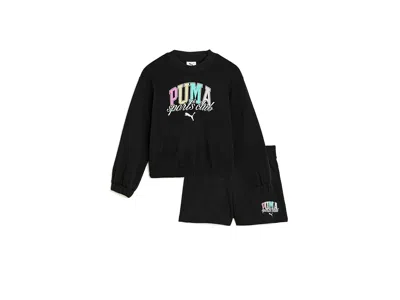 Puma Crew Neck Pullover Shorts Set (toddler/little Kid) Girl's Sweatshirt Black: 4 (little Kids)