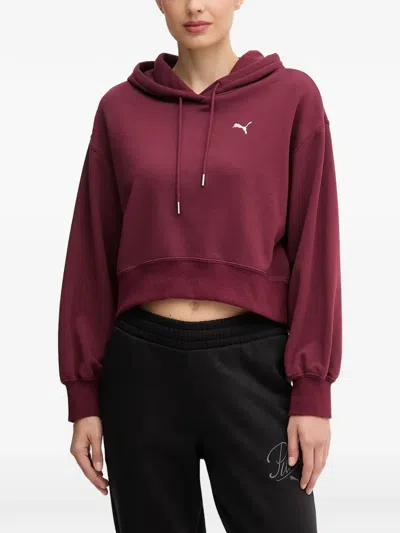Puma Cropped Logo-embroidered Hoodie In Burgundy