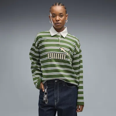 Puma Elevated Essentials Women's Oversized Long Sleeve Rugby Polo Shirt In Green