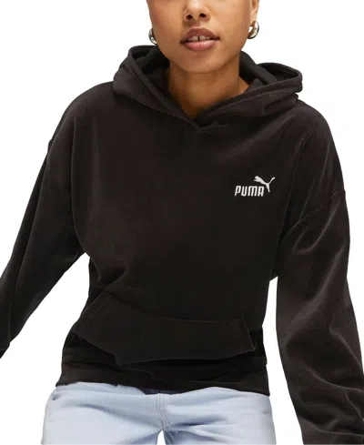 Puma Essential Elevated Velour Hoodie Women's Black Logo Pullover Gbo125