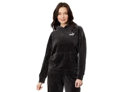 Puma Essential Elevated Velour Hoodie Women's Black Logo Pullover Gbo126 In Multi
