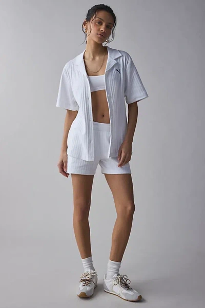 Puma Essential Pointelle Knit Button-down Shirt In White, Women's At Urban Outfitters
