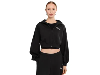 Puma Essentials Bedazzled Rhinestone Embellished Cropped Graphic Hoodie In Black