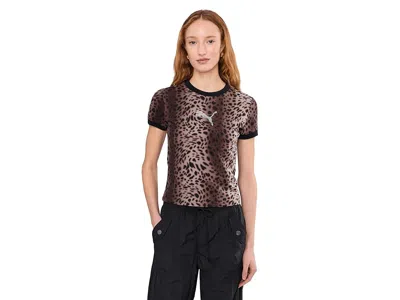 Puma Essentials Bedazzled Rhinestone Embellished Leopard Print Cotton Graphic T-shirt In Brown