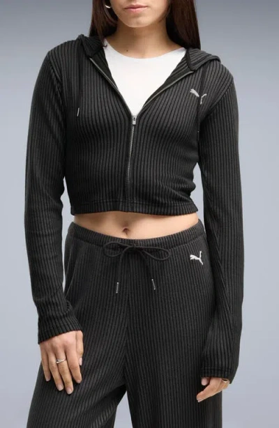 Puma Essentials Ribbed Full Zip Hoodie In Black