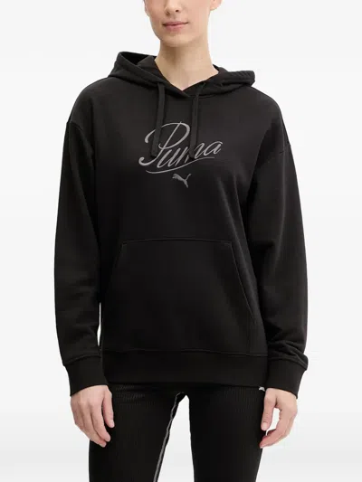 Puma Essentials Script Logo-embroidered Drawstring Hoodie In Black