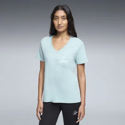 Puma Essentials Script V-neck T-shirt Women In Blue