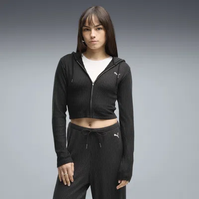 Puma Essentials Ribbed Full Zip Hoodie In Black