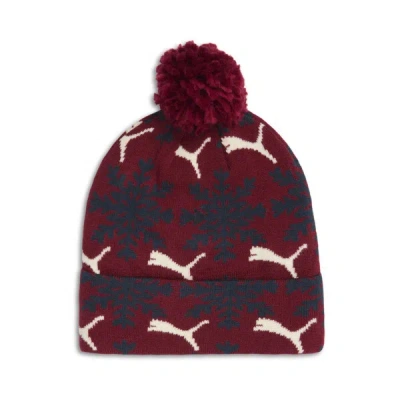 Puma Fair Isle Winter Pom Pom Beanie Hat In Dark Red