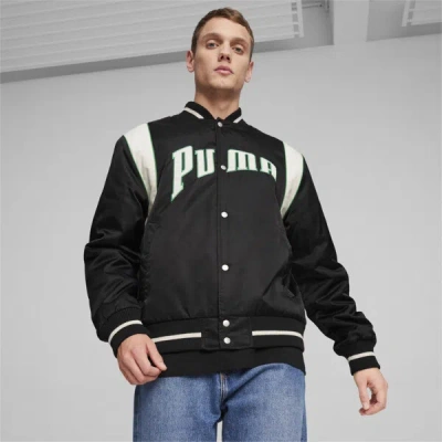 Puma Men's Team Colorblocked Satin Varsity Jacket In Black