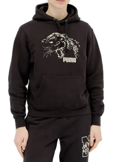 Puma Graphic Printed Drawstring Hoodie In Black