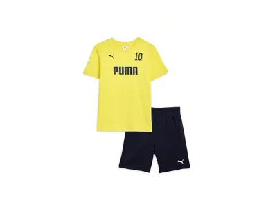 Puma Graphic T-shirt Fleece Short Set (big Kid) Boy's Sets Lemon Yellow : Lg (14-16 Big Kids), Cotton/fle In Multi