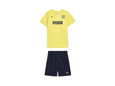 Puma Graphic T-shirt Fleece Short Set (little Kid/big Kid) Boy's Sets Lemon Yellow : 7 Big Kids, Cotton/p In Multi