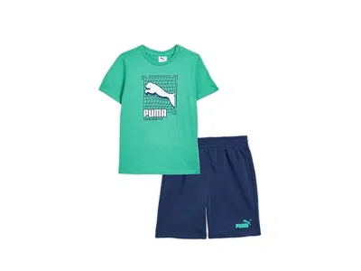 Puma Graphic T-shirt Fleece Short Set (little Kid/big Kid) Boy's Sets Teal Green : 5 Little Kids, Cotton/ In Multi