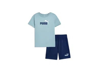 Puma Graphic T-shirt Interlock Short Set (little Kid/big Kid) Boy's Sets Sea Foam : 6 Little Kids, Cotton In Green