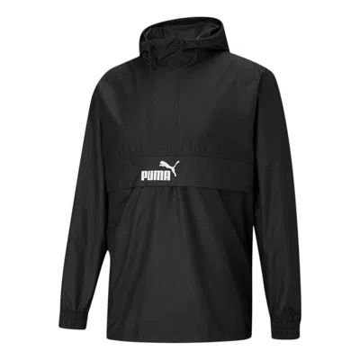 Puma Half-zip Windbreaker Logo Half Zipper Hooded Woven Jacket Black