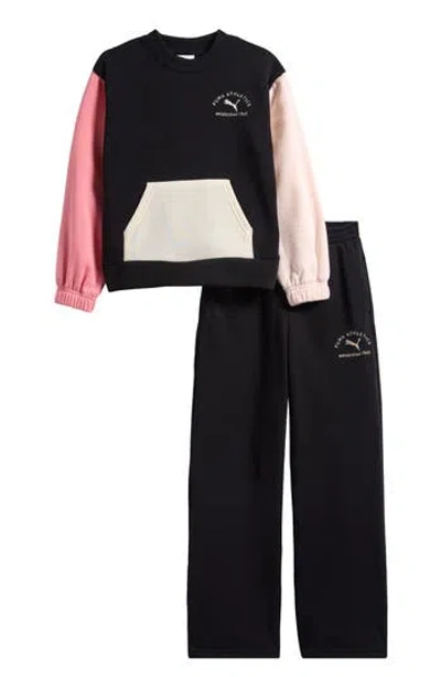 Puma Kids' Colorblock Fleece Sweatshirt & Pants Set In Black