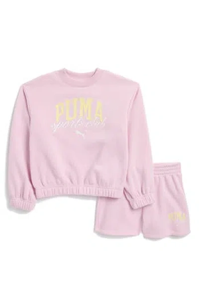 Puma Kids' Crewneck Pullover & Shorts Set In Pink/grey