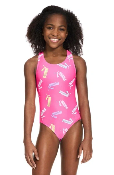 Puma Kids' Crossback Allover Logo One-piece Swimsuit In Pink