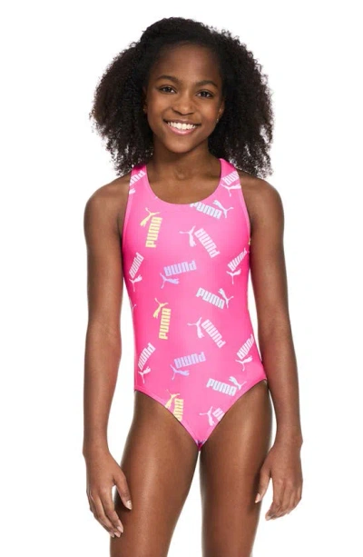Puma Kids' Crossback One-piece Swimsuit In Neon Pink