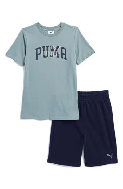 Puma Kids' Graphic T-shirt & Fleece Shorts Set In Medium Green