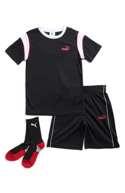 Puma Kids' Interlock Mesh T-shirt, Shorts & Socks Set In Black