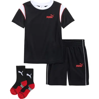 Puma Kids' Interlock Mesh T-shirt, Shorts & Socks Set In Black