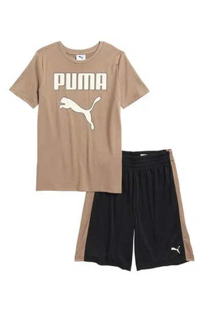Puma Kids' Logo Graphic T-shirt & Shorts Set In Brown