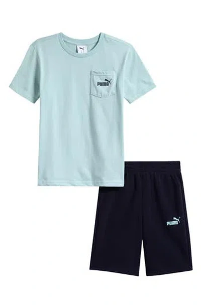 Puma Kids' Logo Pocket T-shirt & Shorts Set In Blue/grey