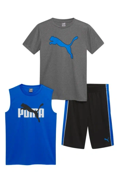 Puma Kids' Logo Tank, T-shirt & Pull-on Shorts Set In Charcoal