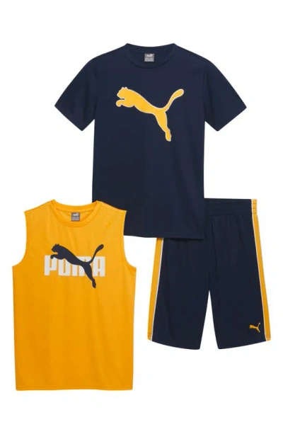 Puma Kids' Logo Tank, T-shirt & Pull-on Shorts Set In Navy