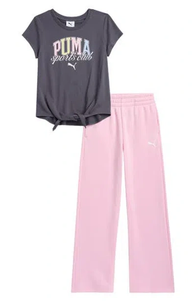 Puma Kids' Logo Tie Front T-shirt & Fleece Pants Set In Dark Grey