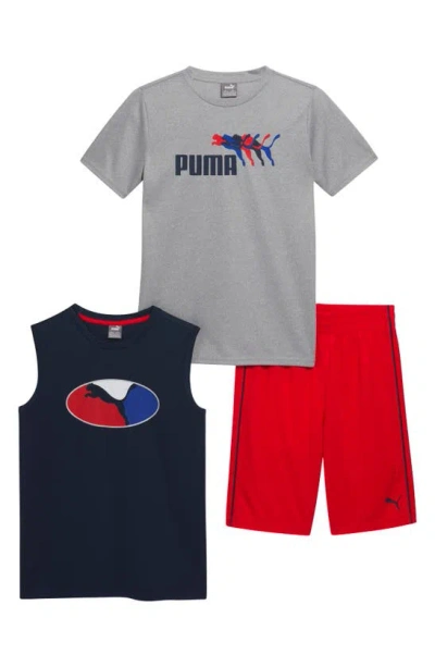 Puma Kids' Performance Tank, T-shirt & Pull-on Shorts Set In Grey/ Grey