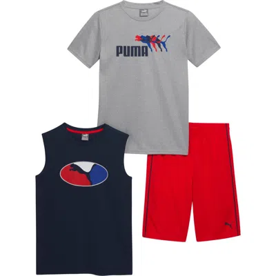 Puma Kids' Performance Tank, T-shirt & Pull-on Shorts Set In Grey/grey