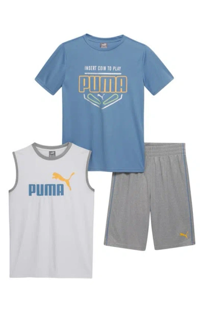 Puma Kids' Performance Tank, T-shirt & Pull-on Shorts Set In Light Blue