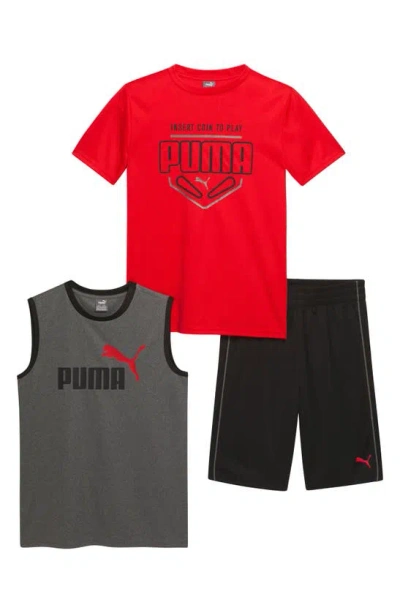 Puma Kids' Performance Tank, T-shirt & Pull-on Shorts Set In Medium Red
