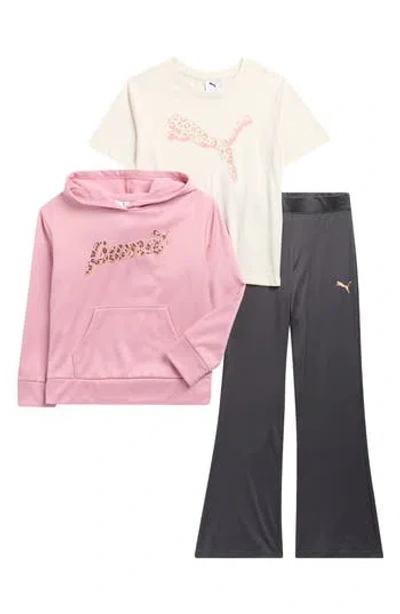 Puma Kids' T-shirt, Fleece Hoodie & Flared Leggings Set In Pink