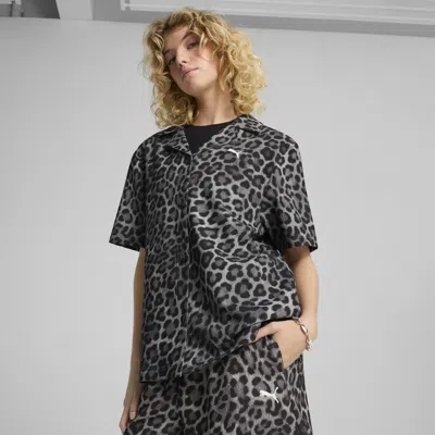 Puma Leo Luxe Women's Relaxed All-over Print Woven Shirt In Black