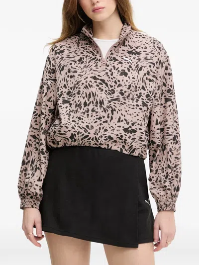 Puma Leopard-print Quarter-zip Sweatshirt In Nude