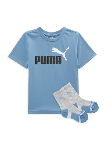 Puma Kids' Little Boy's 2-piece Logo Tee & Crew Socks Set In Light Blue