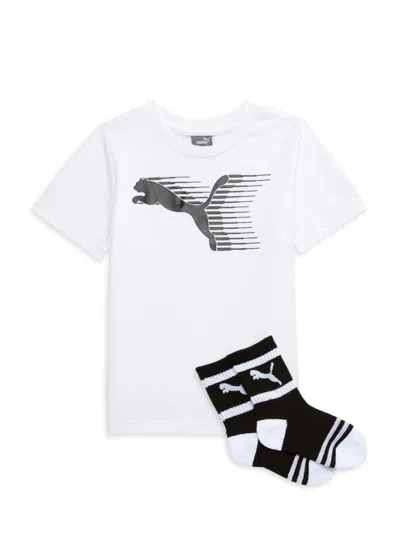 Puma Kids' Little Boy's 2-piece Logo Tee & Crew Socks Set In White