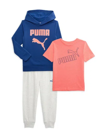 Puma Babies' Little Boy's 3-piece Fleece Logo Tee Hoodie & Joggers Set In Blue