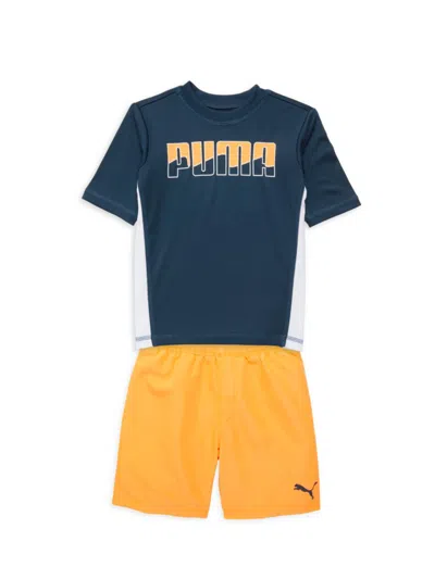 Puma Kids' Little Boy's 2-piece Logo Rashguard & Swim Trunks Set In Dark Blue