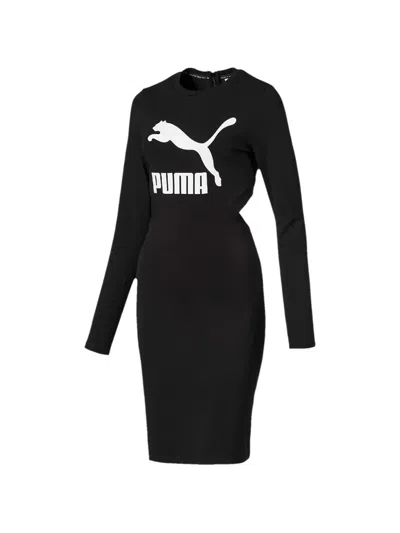 Puma Logo-print Long-sleeve Midi Dress In Black