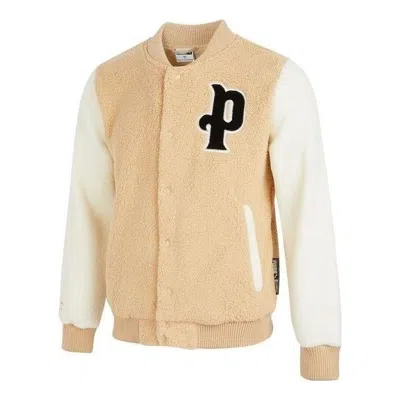 Puma Logo Sherpa Baseball Jacket 'beige' In Brown