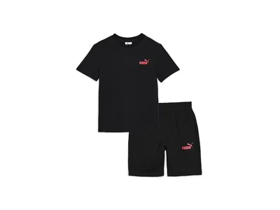 Puma Logo T-shirt Fleece Short Set (little Kid/big Kid) Boy's Sets  Black : 7 Big Kids, Cotton/polyes